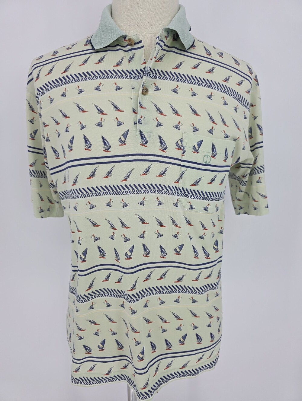 Dunhill Italy Polo Shirt Medium Nautical Sailboat Print 100% Cotton Blue